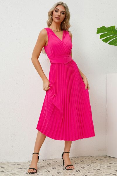 Surplice Sleeveless Midi Pleated Dress - Hot Pink / S - All Dresses - Dresses - 13 - 2024