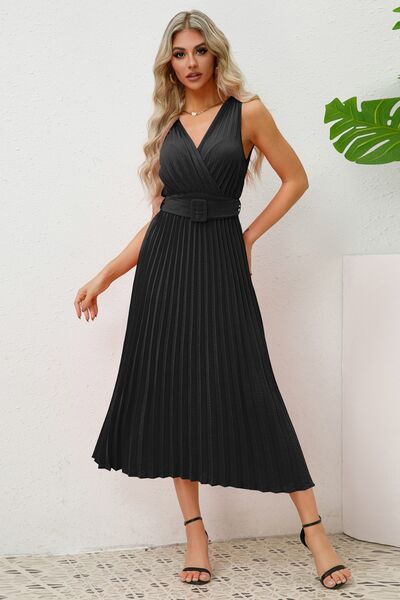 Surplice Sleeveless Midi Pleated Dress - Black / S - All Dresses - Dresses - 5 - 2024