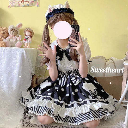 Sweet Summer Lolita JSK Dress - Japanese Bow Dots Ruffle - Black / S - All Dresses - Dresses - 6 - 2024