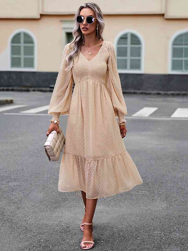 Swiss Dot V-Neck Flounce Sleeve Midi Dress - Light Apricot / S - All Dresses - Dresses - 4 - 2024