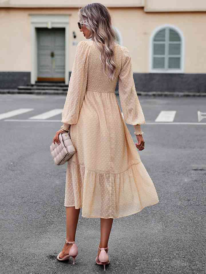 Swiss Dot V-Neck Flounce Sleeve Midi Dress - All Dresses - Dresses - 6 - 2024