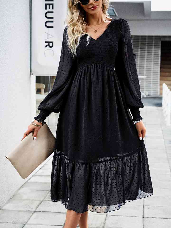 Swiss Dot V-Neck Flounce Sleeve Midi Dress - Black / S - All Dresses - Dresses - 10 - 2024