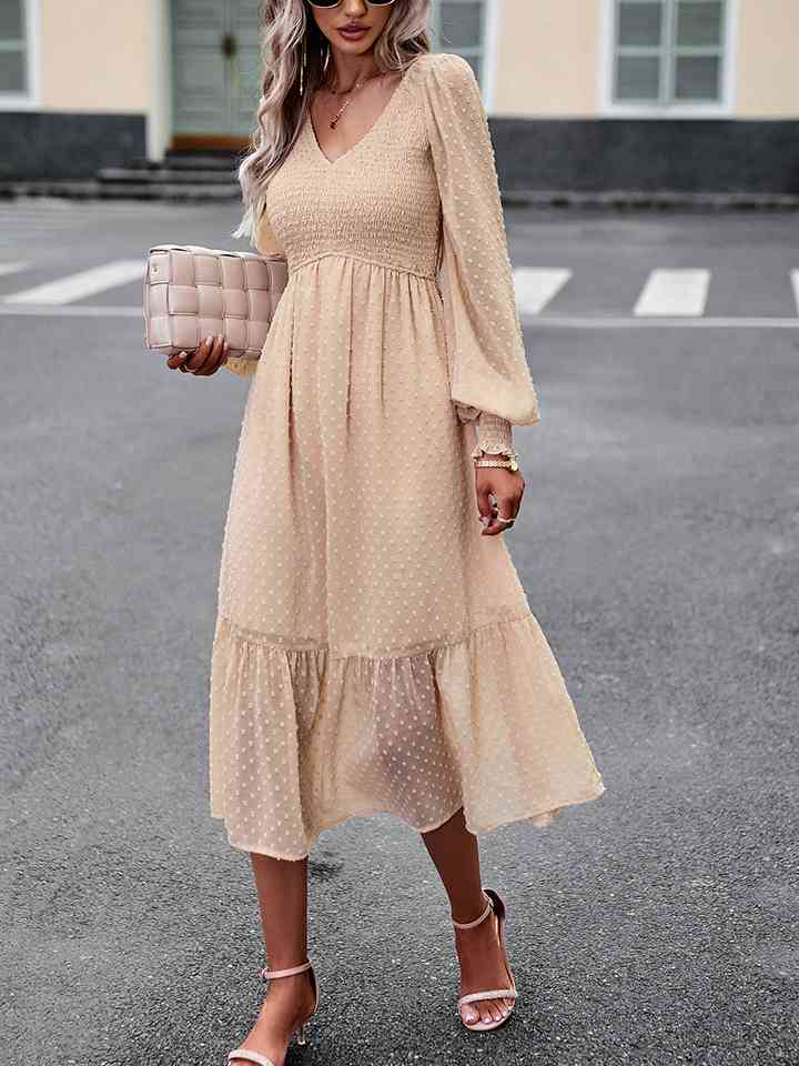 Swiss Dot V-Neck Flounce Sleeve Midi Dress - All Dresses - Dresses - 5 - 2024