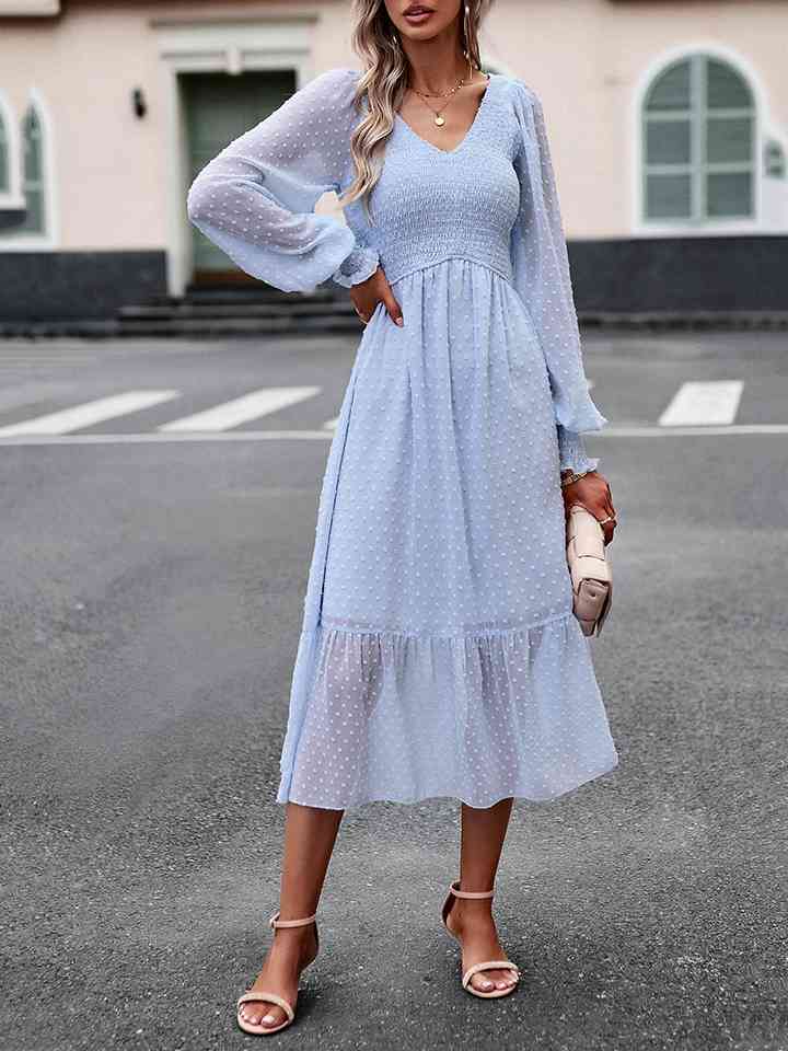 Swiss Dot V-Neck Flounce Sleeve Midi Dress - Pastel Blue / S - All Dresses - Dresses - 1 - 2024