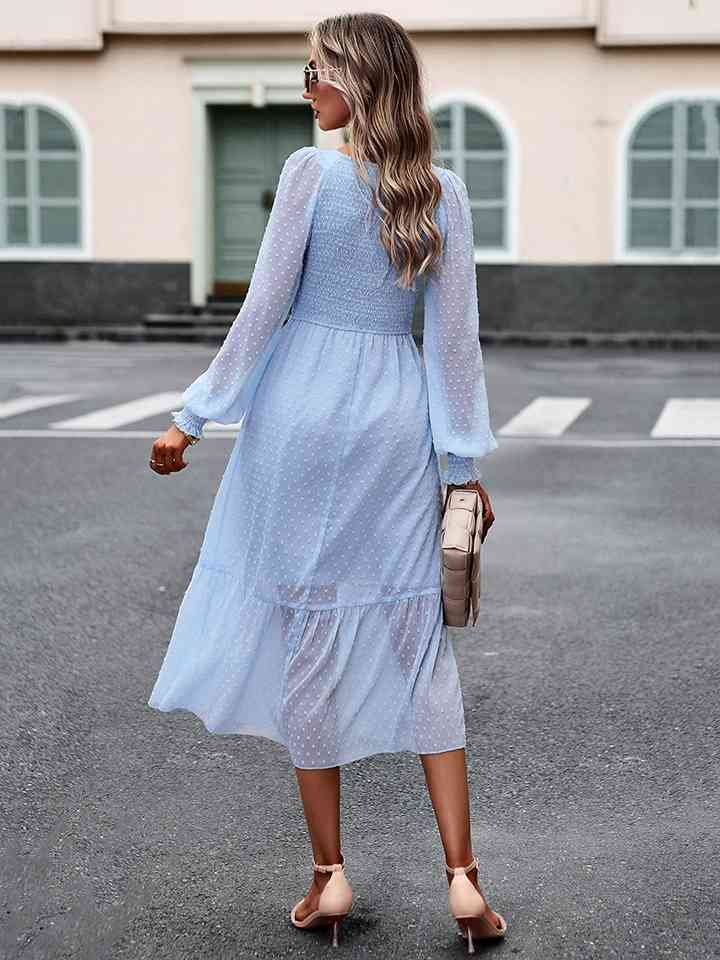 Swiss Dot V-Neck Flounce Sleeve Midi Dress - All Dresses - Dresses - 2 - 2024