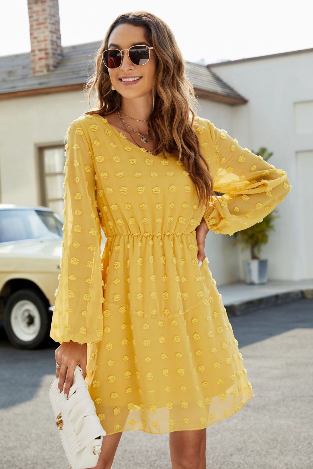 Swiss Dot V-Neck Lantern Sleeve Mini Dress - Yellow / S - All Dresses - Dresses - 1 - 2024