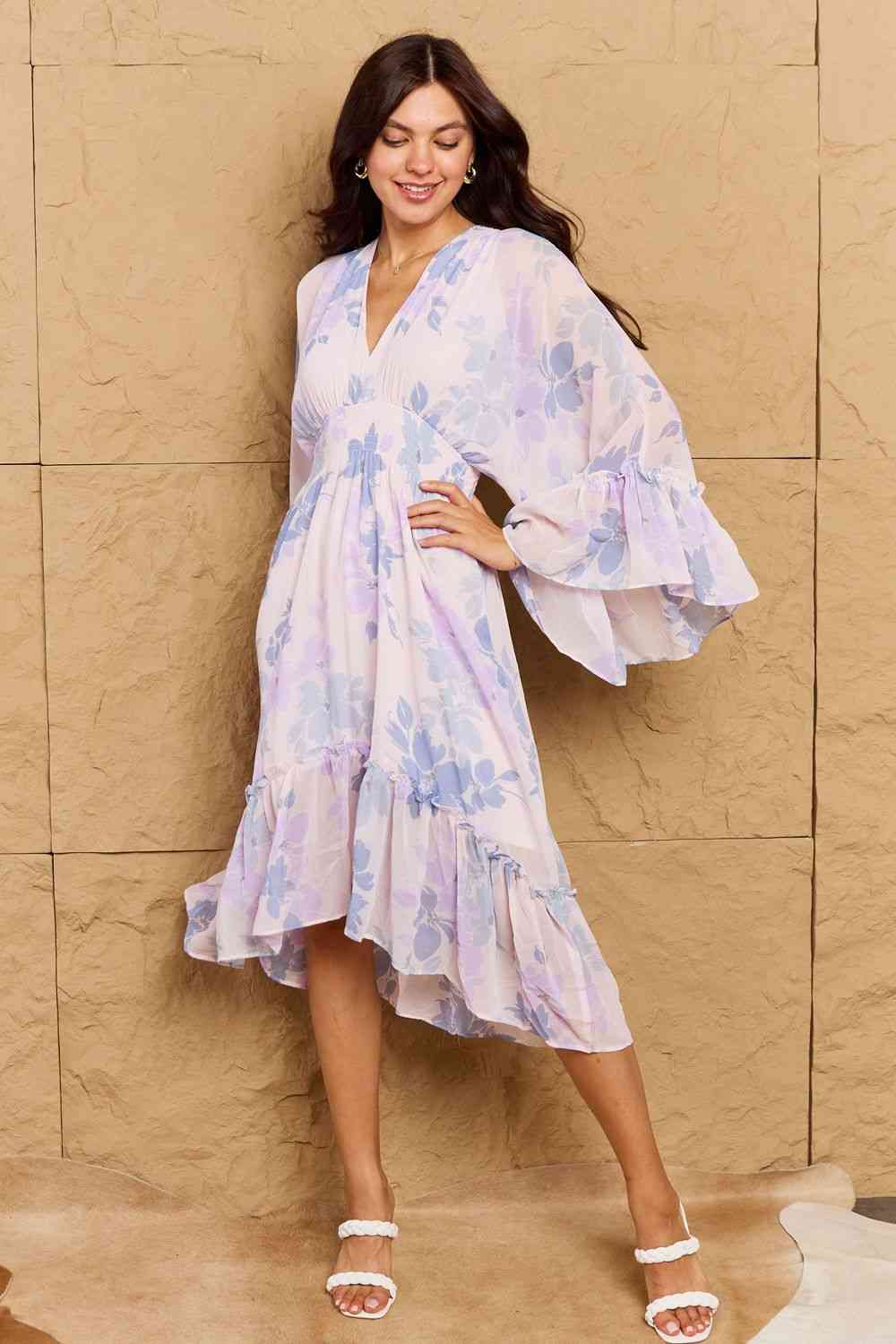Take Me With You Floral Bell Sleeve Midi Dress in Blue - All Dresses - Dresses - 3 - 2024