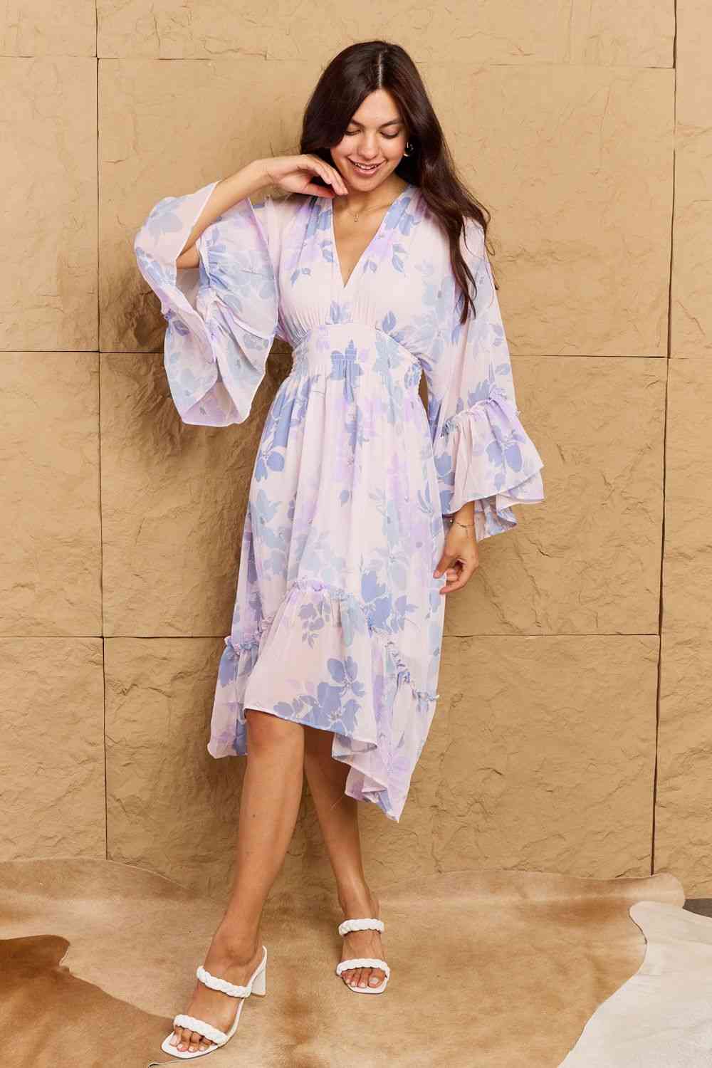 Take Me With You Floral Bell Sleeve Midi Dress in Blue - Floral / S - All Dresses - Dresses - 1 - 2024