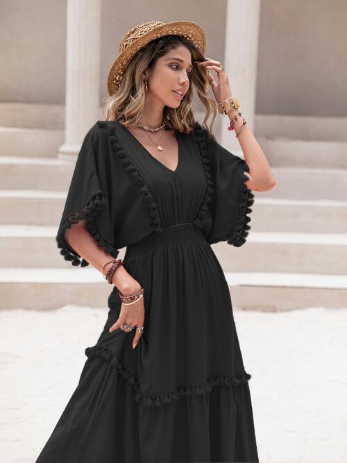 Tassel Trim Smocked V-Neck Short Sleeve Dress - Black / S - All Dresses - Dresses - 17 - 2024