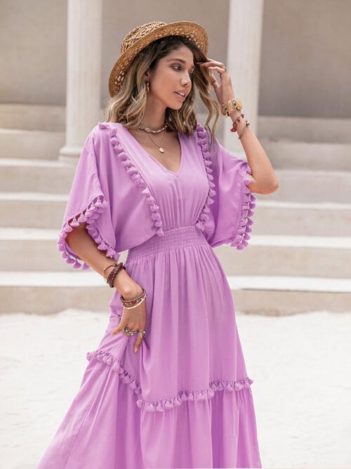 Tassel Trim Smocked V-Neck Short Sleeve Dress - Heliotrope Purple / S - All Dresses - Dresses - 11 - 2024