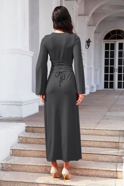 Tie Back Ribbed Round Neck Long Sleeve Dress - All Dresses - Dresses - 24 - 2024