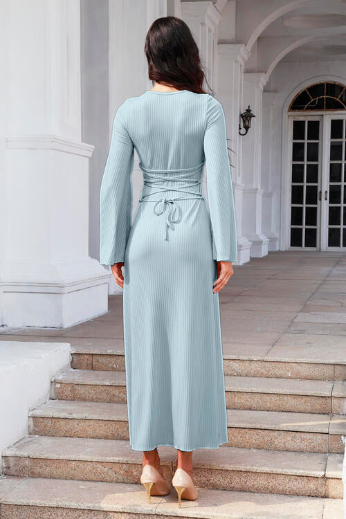 Tie Back Ribbed Round Neck Long Sleeve Dress - All Dresses - Dresses - 6 - 2024