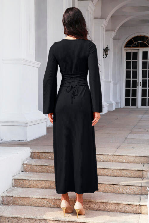 Tie Back Ribbed Round Neck Long Sleeve Dress - All Dresses - Dresses - 21 - 2024