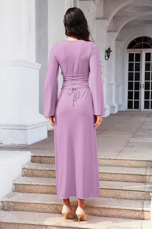 Tie Back Ribbed Round Neck Long Sleeve Dress - All Dresses - Dresses - 27 - 2024