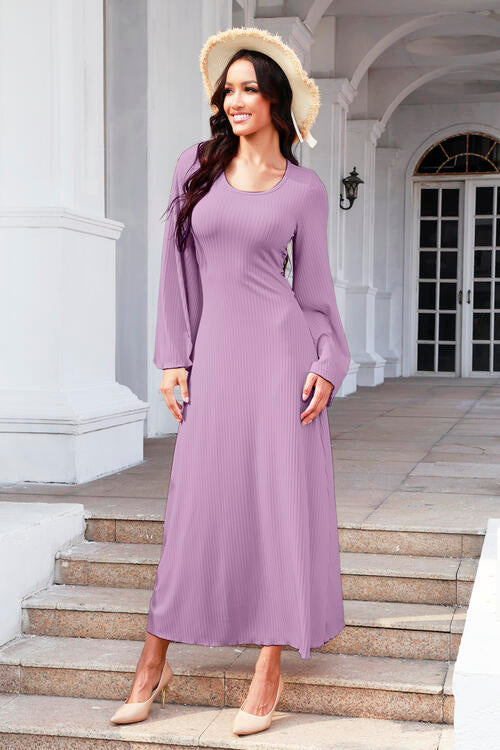 Tie Back Ribbed Round Neck Long Sleeve Dress - Lilac / S - All Dresses - Dresses - 25 - 2024