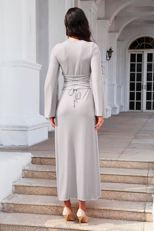 Tie Back Ribbed Round Neck Long Sleeve Dress - All Dresses - Dresses - 12 - 2024