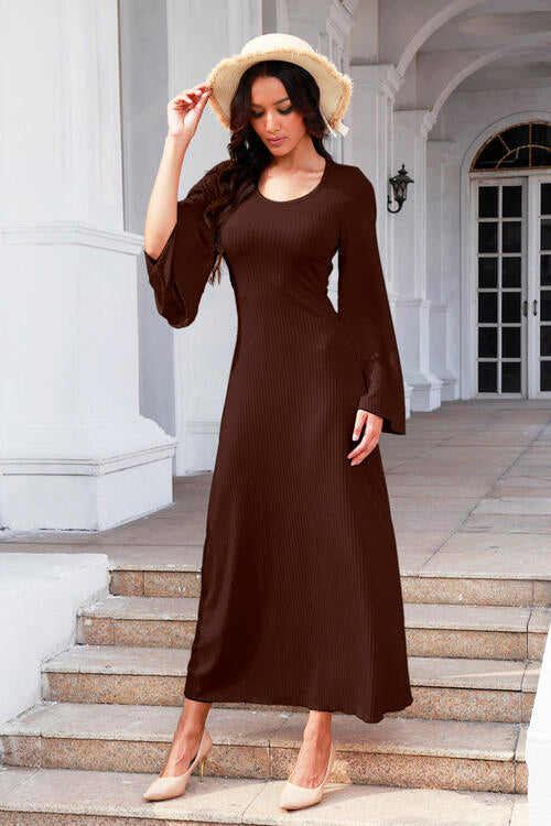 Tie Back Ribbed Round Neck Long Sleeve Dress - Chocolate / S - All Dresses - Dresses - 16 - 2024