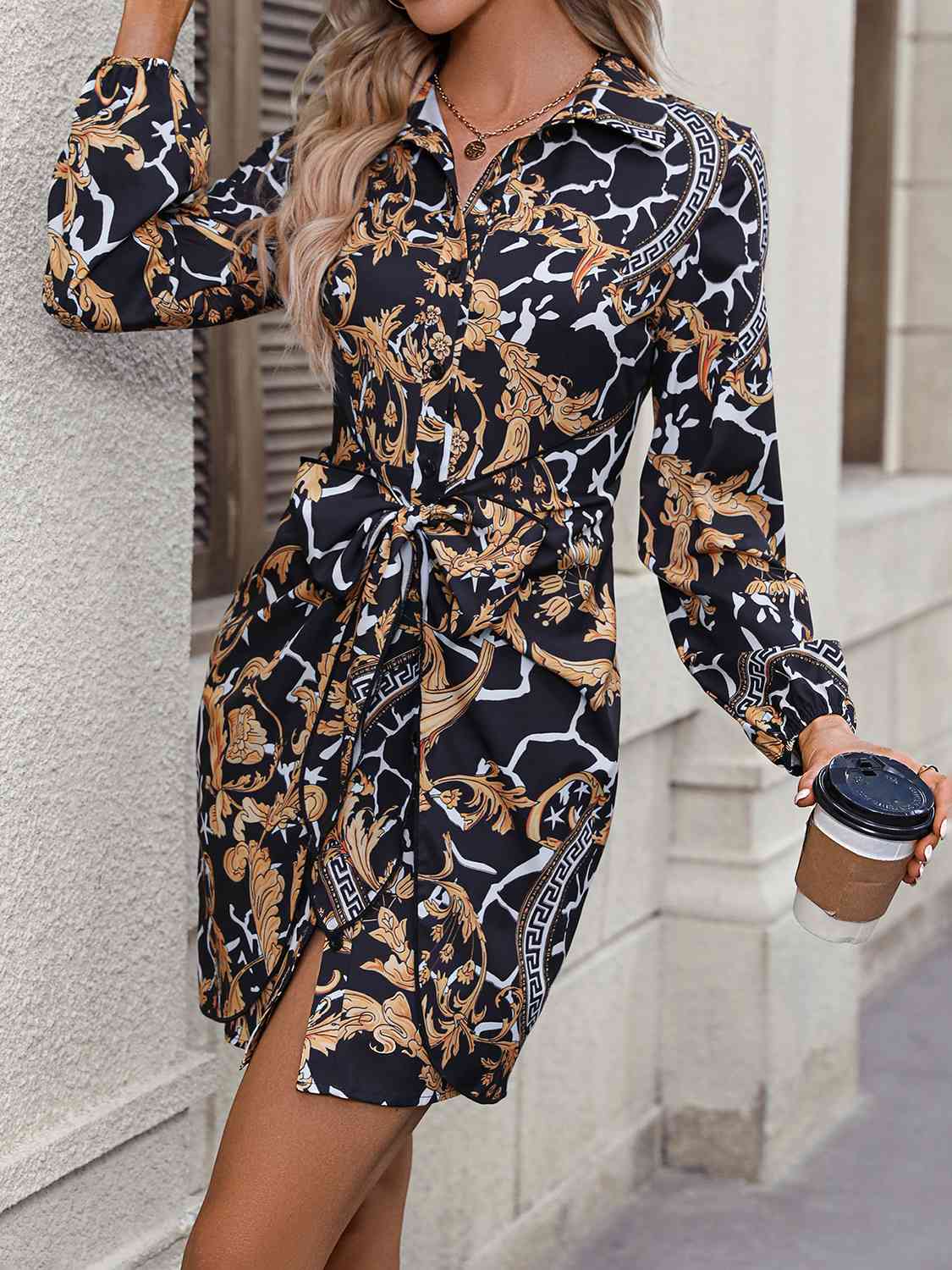 Tie Front Printed Collared Neck Shirt Dress - All Dresses - Dresses - 4 - 2024