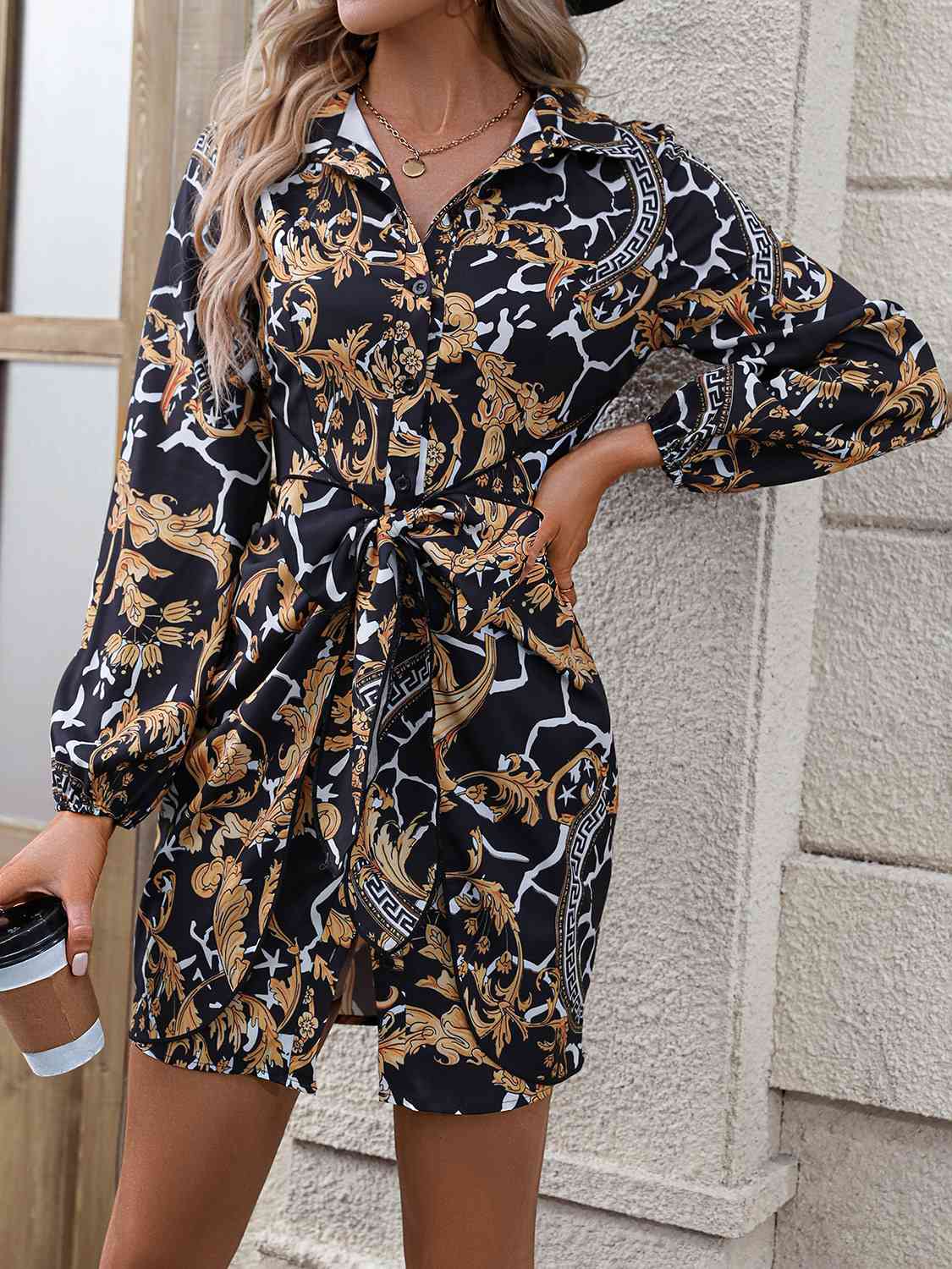 Tie Front Printed Collared Neck Shirt Dress - All Dresses - Dresses - 6 - 2024