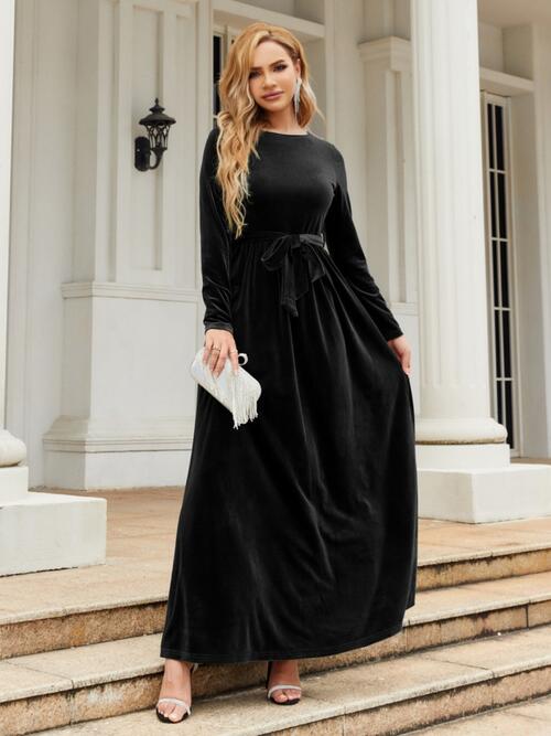 Tie Front Round Neck Long Sleeve Maxi Dress - Black / S - All Dresses - Dresses - 18 - 2024
