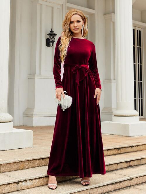 Tie Front Round Neck Long Sleeve Maxi Dress - Wine / S - All Dresses - Dresses - 1 - 2024