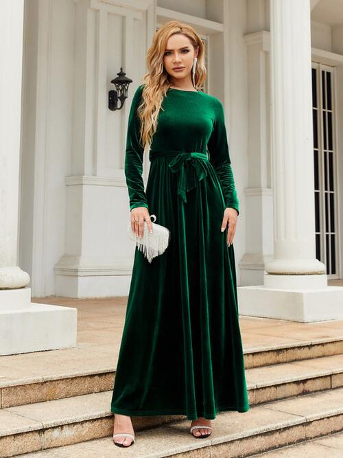 Tie Front Round Neck Long Sleeve Maxi Dress - All Dresses - Dresses - 10 - 2024
