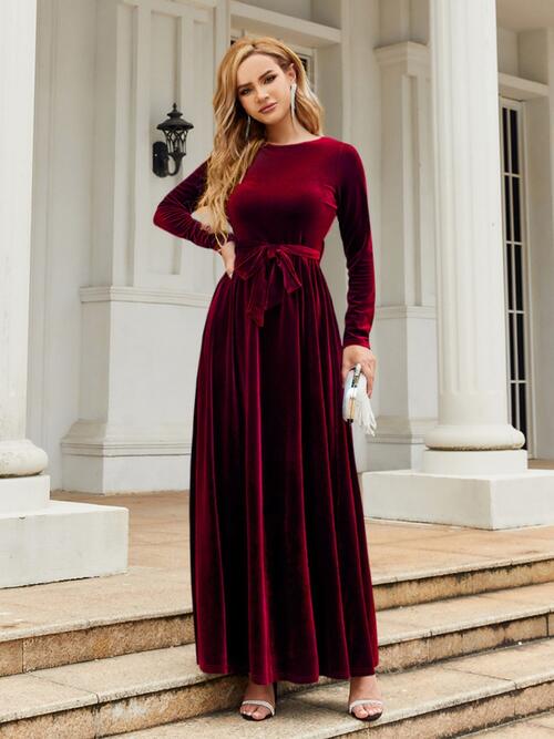 Tie Front Round Neck Long Sleeve Maxi Dress - All Dresses - Dresses - 3 - 2024