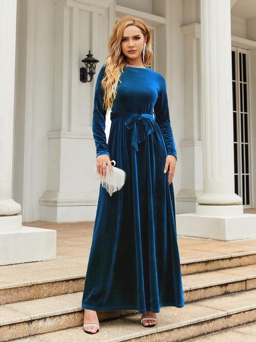 Tie Front Round Neck Long Sleeve Maxi Dress - All Dresses - Dresses - 16 - 2024