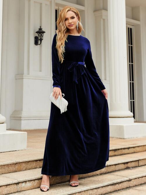 Tie Front Round Neck Long Sleeve Maxi Dress - Navy / S - All Dresses - Dresses - 12 - 2024