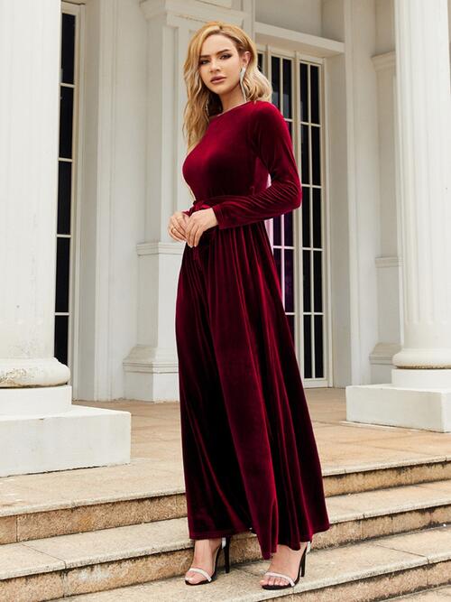 Tie Front Round Neck Long Sleeve Maxi Dress - All Dresses - Dresses - 4 - 2024