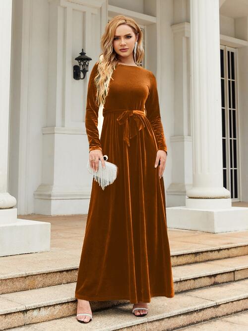 Tie Front Round Neck Long Sleeve Maxi Dress - Caramel / S - All Dresses - Dresses - 5 - 2024
