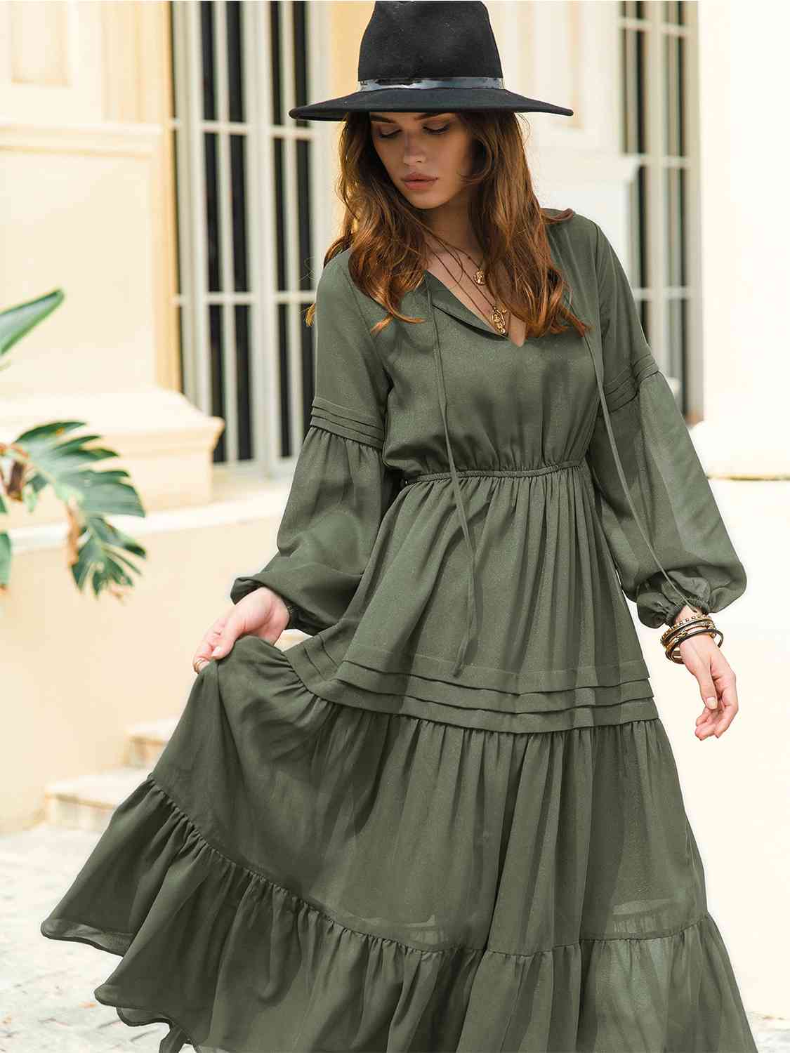 Tie Neck Long Sleeve Midi Tiered Dress - Army Green / S - All Dresses - Dresses - 19 - 2024