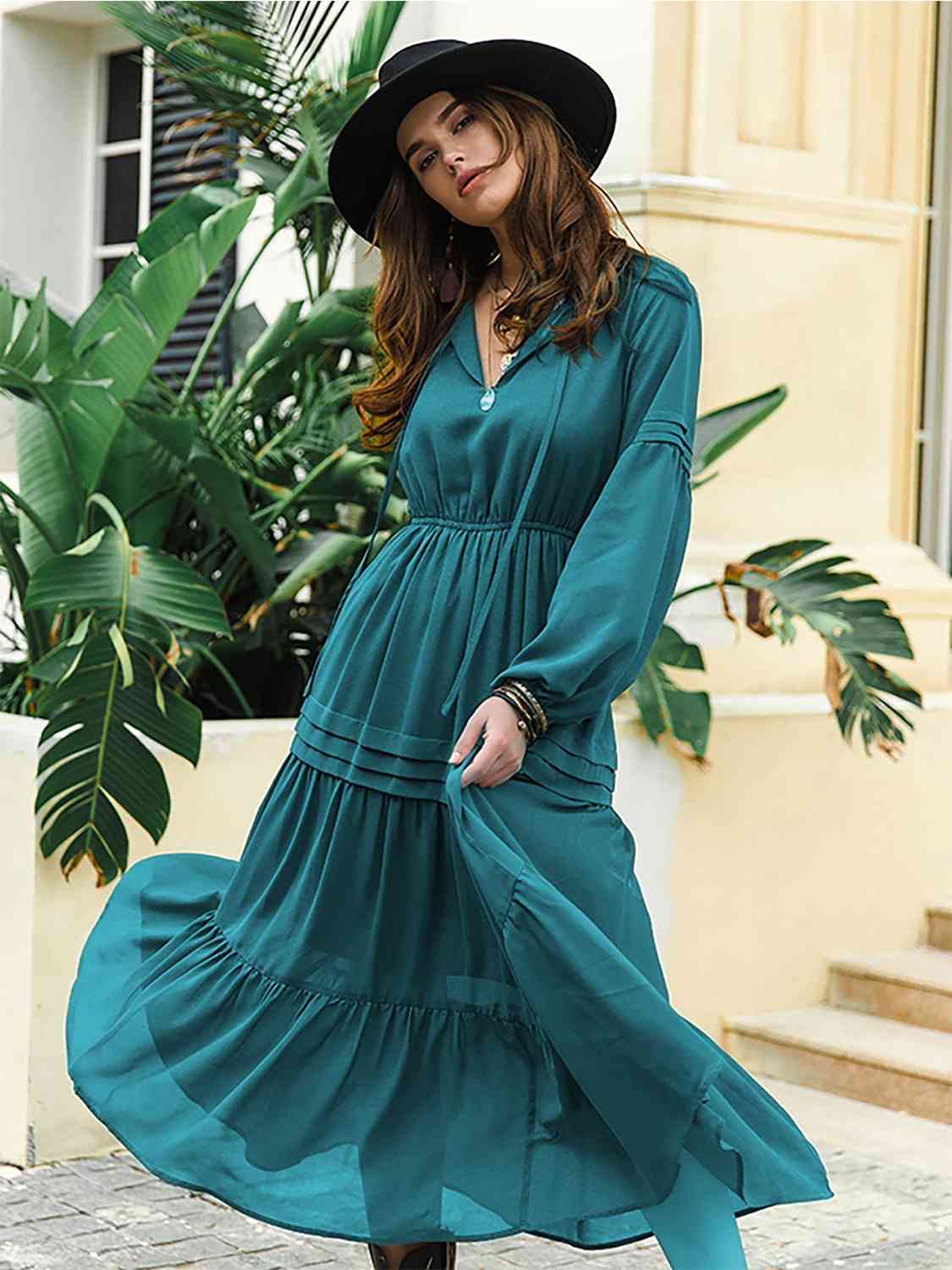 Tie Neck Long Sleeve Midi Tiered Dress - Peacock Blue / S - All Dresses - Dresses - 24 - 2024