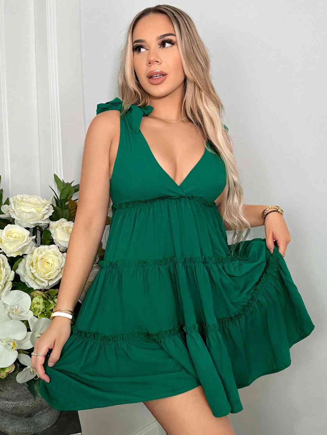 Tie Shoulder Plunge Sleeveless Tiered Dress - Green / XS - All Dresses - Dresses - 1 - 2024