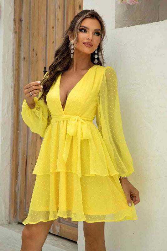 Tie Waist Balloon Sleeve Layered Dress - Canary Yellow / XS - All Dresses - Dresses - 1 - 2024