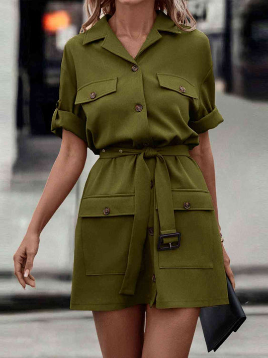 Tie Waist Collared Dress - Army Green / XS - All Dresses - Dresses - 1 - 2024