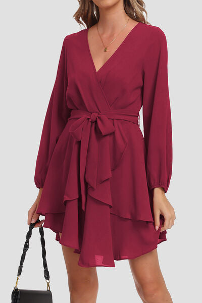 Tied Surplice Balloon Sleeve Layered Dress - Wine / S - All Dresses - Dresses - 1 - 2024