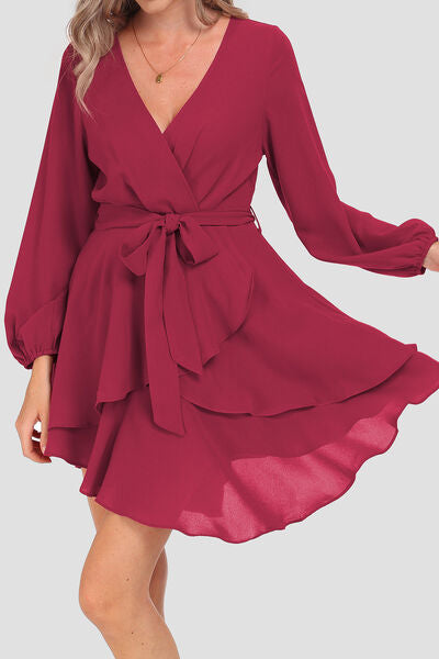 Tied Surplice Balloon Sleeve Layered Dress - All Dresses - Dresses - 4 - 2024