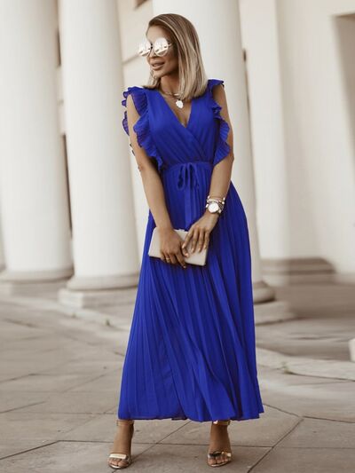 Tied Surplice Cap Sleeve Pleated Dress - Cobald Blue / S - All Dresses - Dresses - 23 - 2024