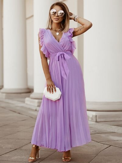 Tied Surplice Cap Sleeve Pleated Dress - Lavender / S - All Dresses - Dresses - 29 - 2024
