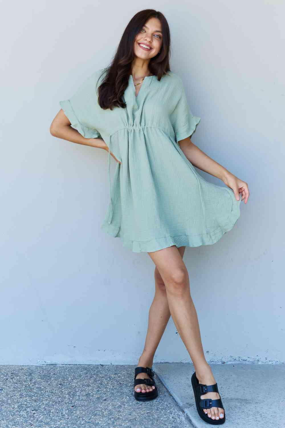Out Of Time Full Size Ruffle Hem Dress with Drawstring Waistband in Light Sage - All Dresses - Dresses - 10 - 2024