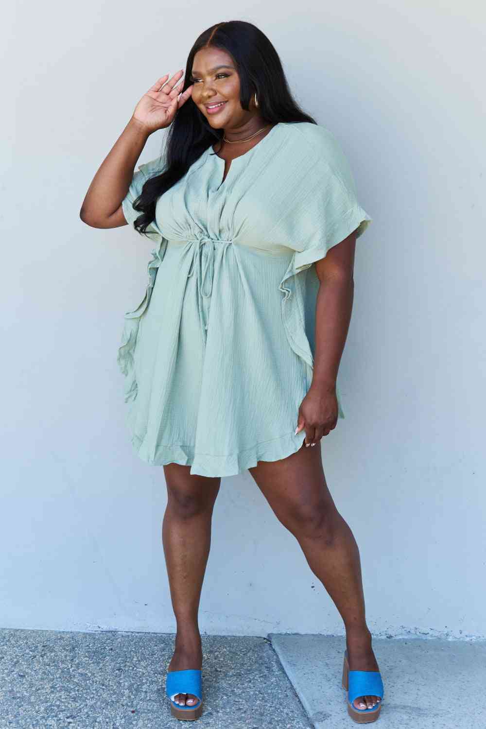 Out Of Time Full Size Ruffle Hem Dress with Drawstring Waistband in Light Sage - All Dresses - Dresses - 4 - 2024