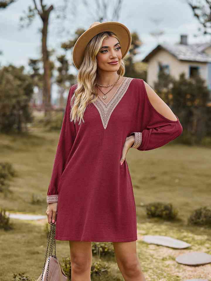 V-Neck Cutout Sleeve Mini Dress - Wine / S - All Dresses - Dresses - 1 - 2024
