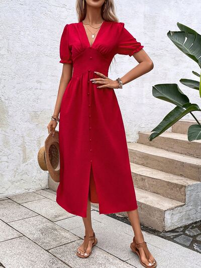 V-Neck Decorative Button Slit Midi Dress - Red / S - All Dresses - Dresses - 1 - 2024