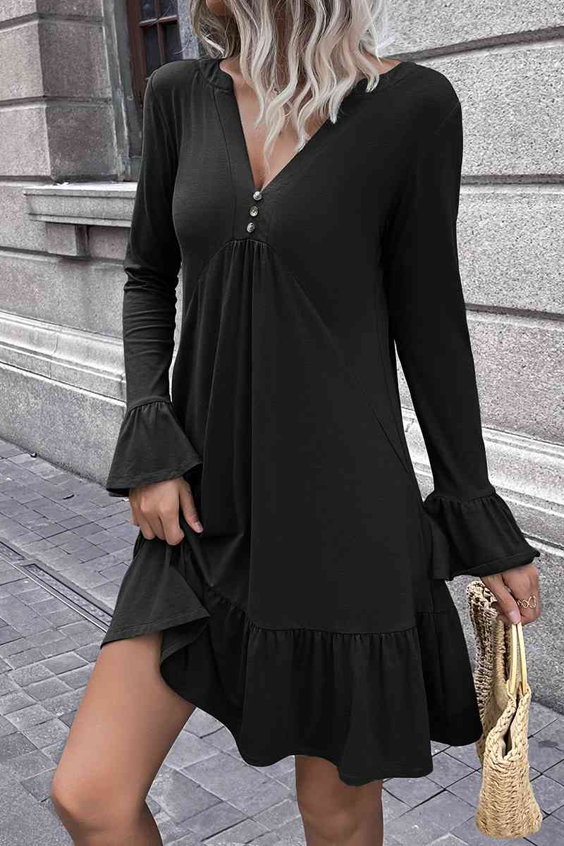 V-Neck Flounce Sleeve Ruffle Hem Mini Dress - Black / S - All Dresses - Dresses - 7 - 2024