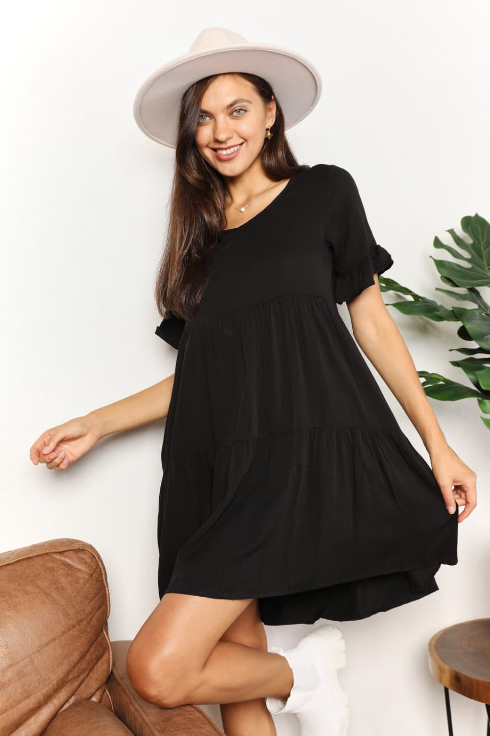 V-Neck Flounce Sleeve Tiered Dress - Black / S - All Dresses - Dresses - 8 - 2024