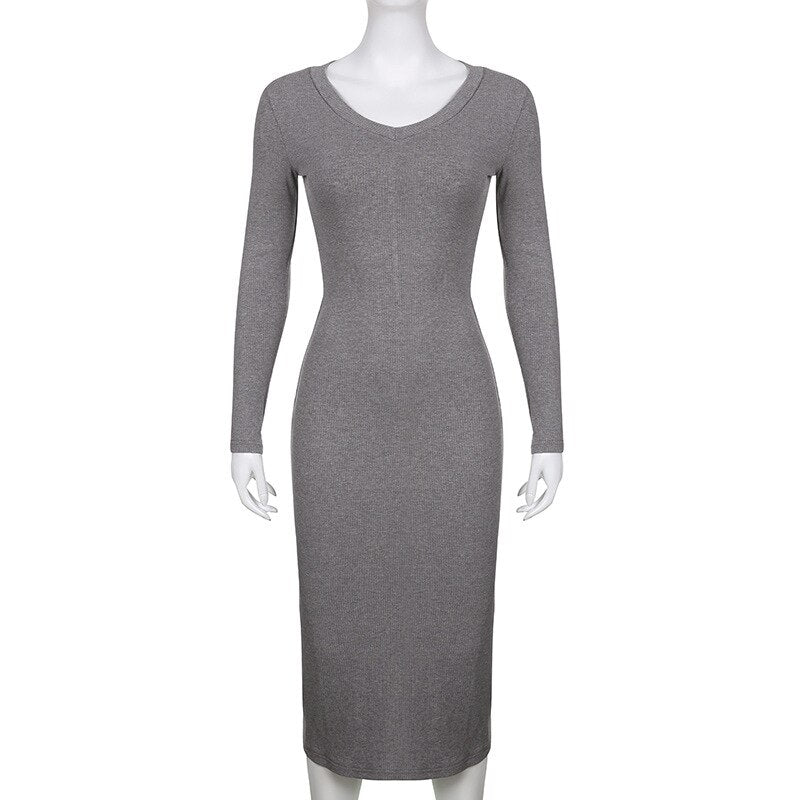 V-neck Knitted Dress - Gray / S - All Dresses - Dresses - 17 - 2024