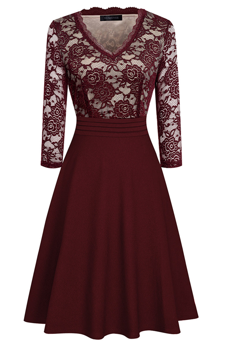 V-Neck Lace Detail Knee-Length Dress - Dark Red / S - All Dresses - Dresses - 12 - 2024