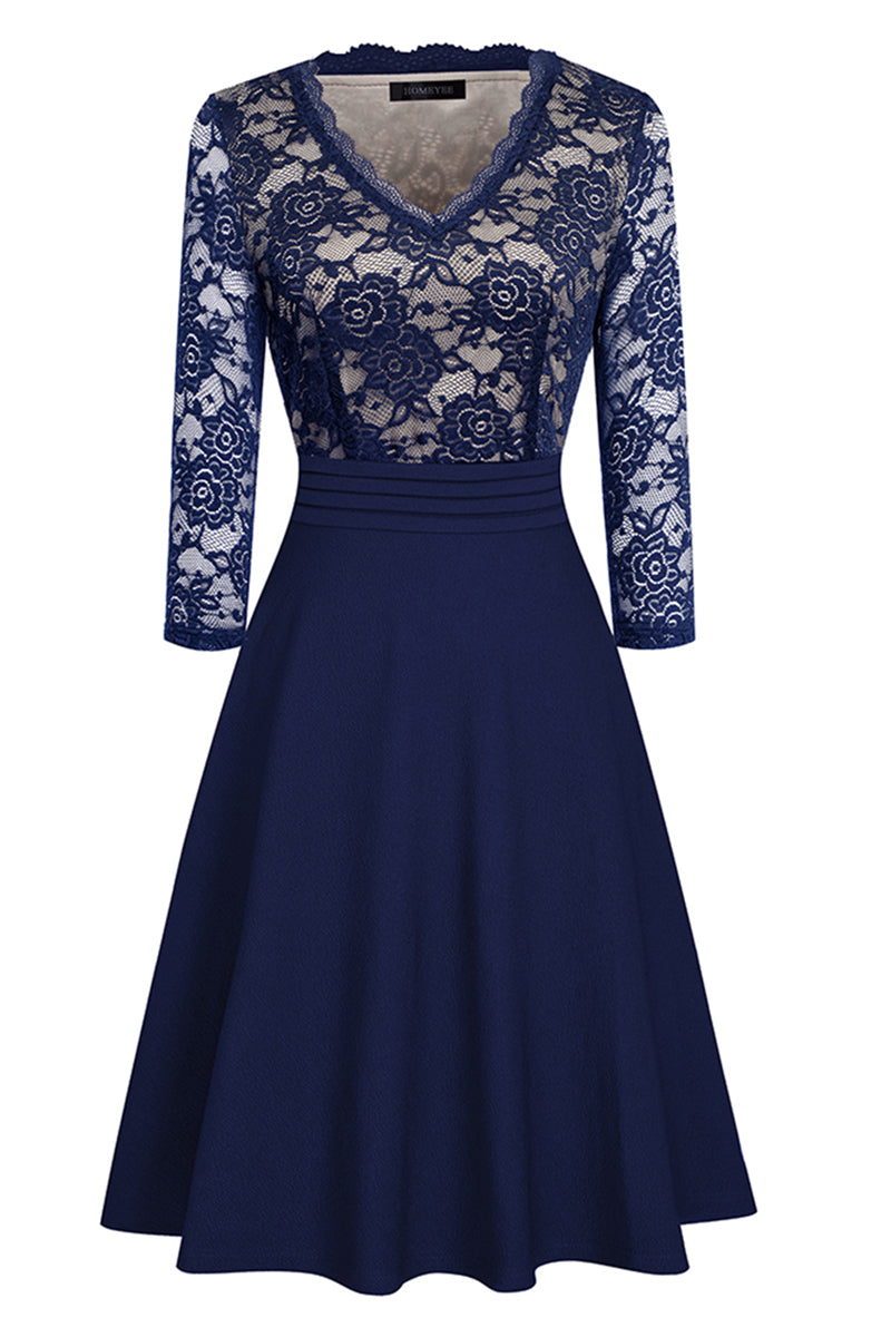 V-Neck Lace Detail Knee-Length Dress - Dark Blue / S - All Dresses - Dresses - 9 - 2024