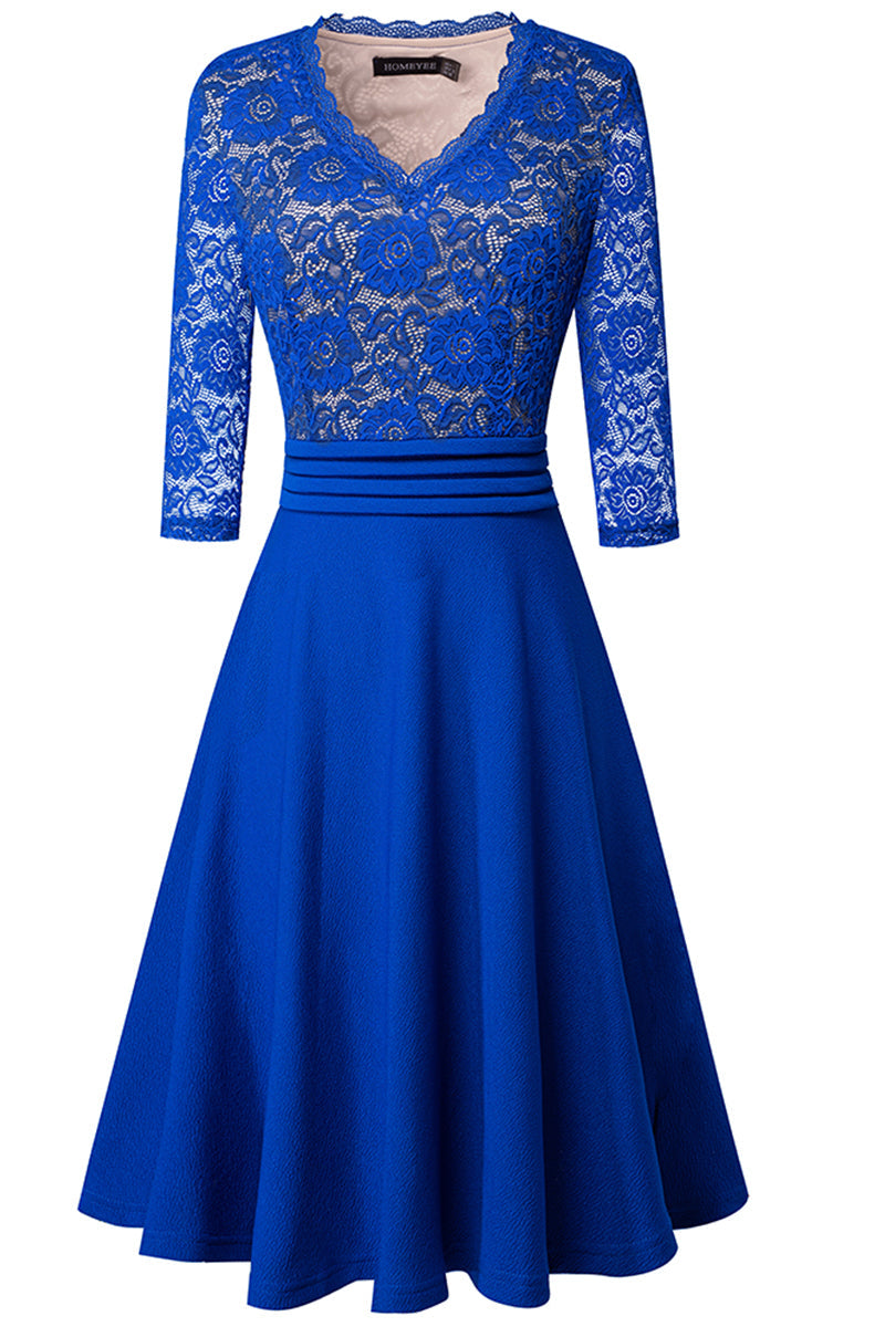 V-Neck Lace Detail Knee-Length Dress - Blue / S - All Dresses - Dresses - 18 - 2024